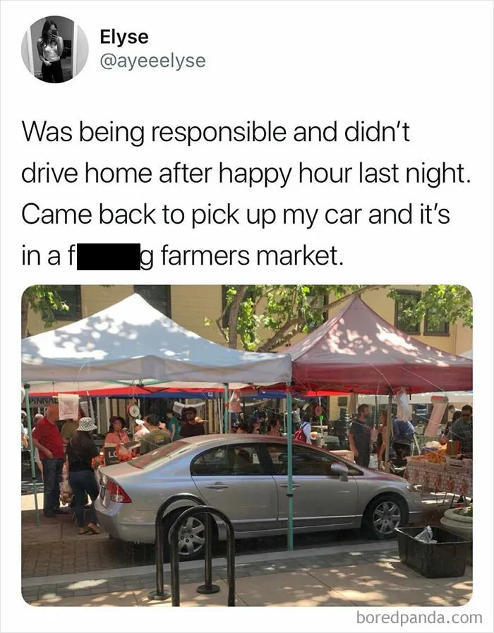 A car parked under tents at a busy farmers market, illustrating one inconvenience away from a full meltdown.