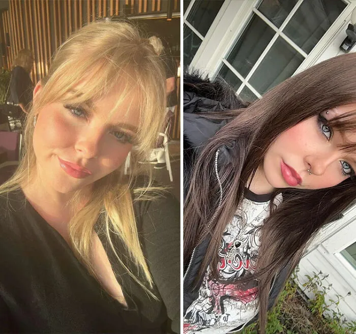 Side-by-side photos of a young woman showing gorgeous hair transformations from blonde to dark brown.