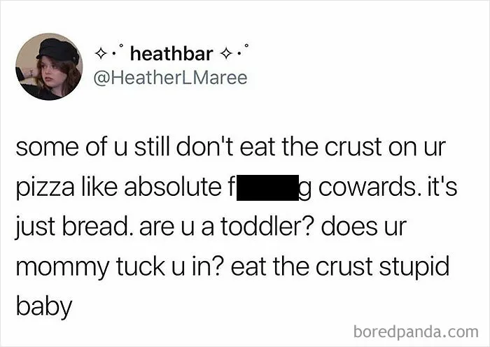 Tweet humorously urging people to eat pizza crust, fitting the theme of funny memes about being one inconvenience from a meltdown.