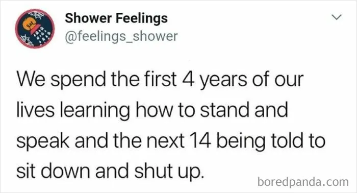 Text post from Shower Feelings about thoughts to occupy your brain while showering, reflecting on early childhood learning phases.