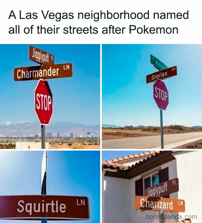 Street signs in a Las Vegas neighborhood named after Pokemon characters, shown in a humorous meme format.