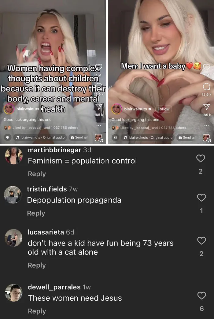 A woman reacts to sexist comments about feminism and children from men in social media comments on sexism.