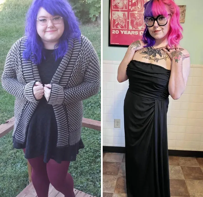 Mujer con cambio de apariencia mostrando transformación en estilo y confianza con cabello colorido y vestido elegante.