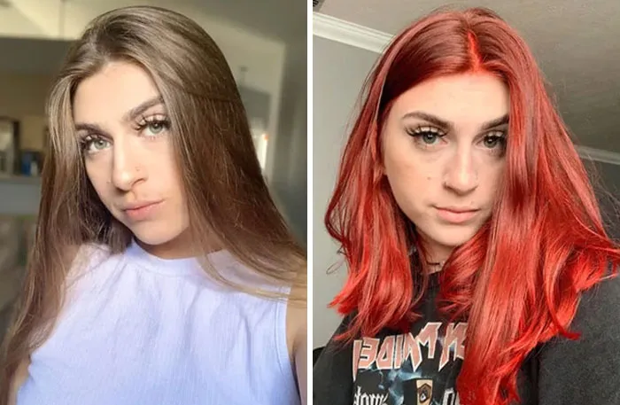 Side-by-side photos of a woman showing small appearance changes with brown and bright red hair that made a big difference for her