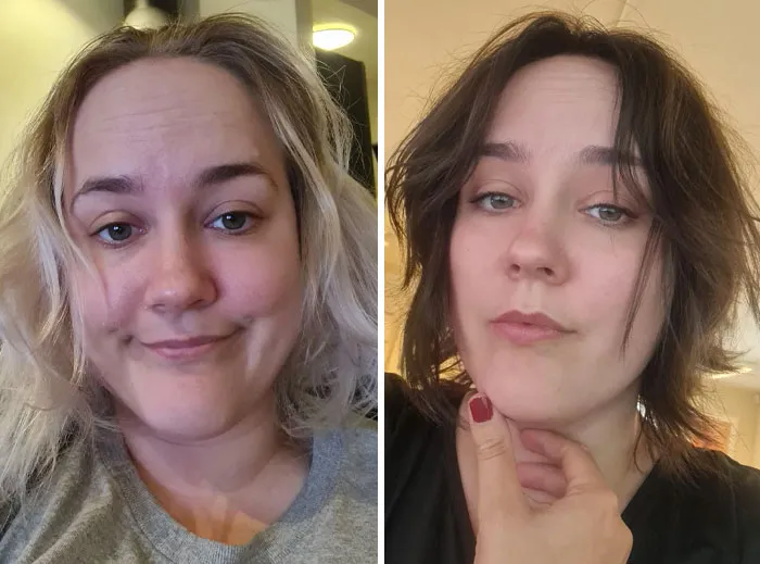 Before and after photos of a woman showing small appearance changes that made a big difference for her look.
