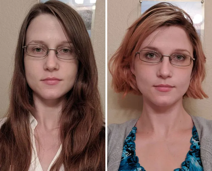 Before and after photos of a woman showing small appearance changes that made the biggest difference for her style.