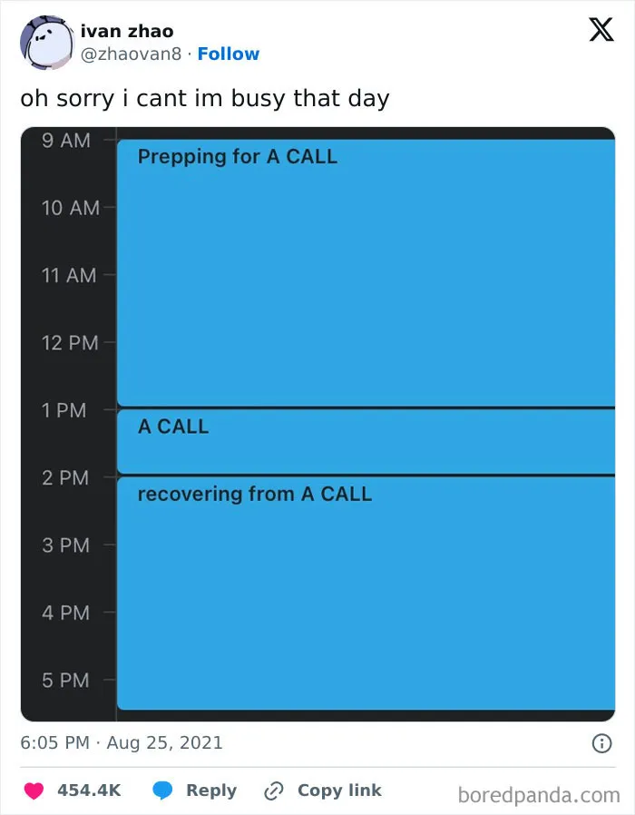 Screenshot of a work-from-home schedule showing a day filled with prepping, a call, and recovering from the call.