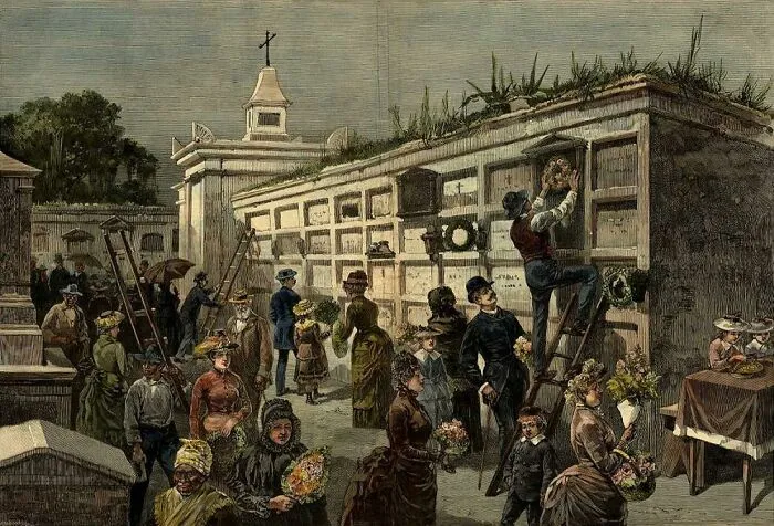 Victorian-era cemetery scene with people placing wreaths on historical artifacts displayed in above-ground tombs.