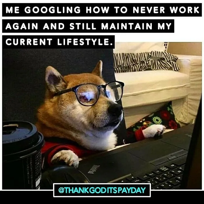 Dog wearing glasses sitting at a laptop with coffee, humor about work and money in a funny meme format.