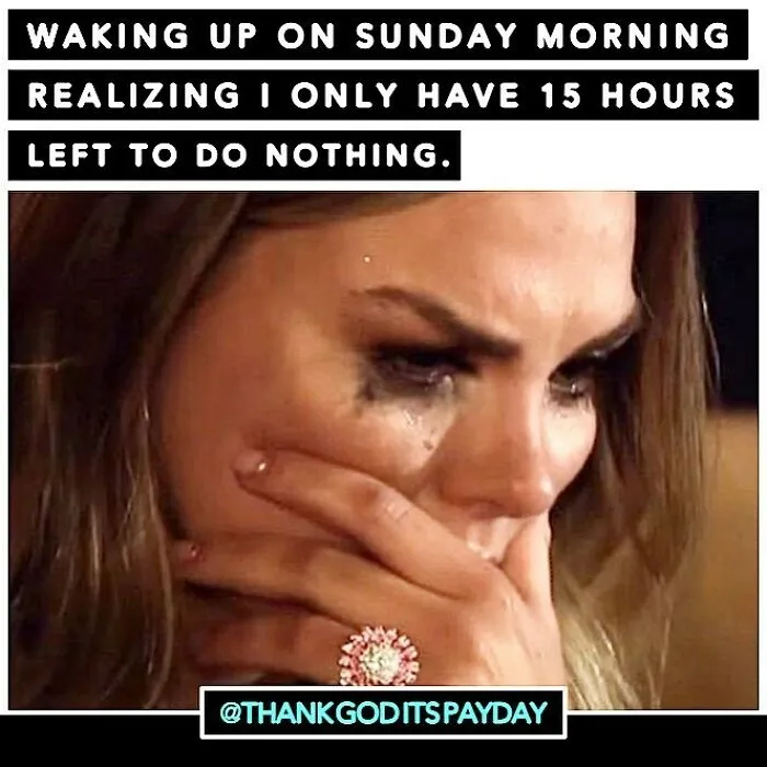 Close-up of a woman crying with smudged makeup, caption about having limited time to relax, related to work and money memes.