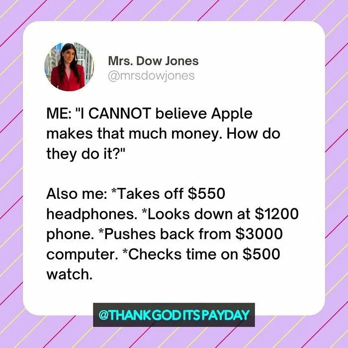 Tweet about expensive tech purchases and money, highlighting humor in work and money memes from Thank God Its Payday.