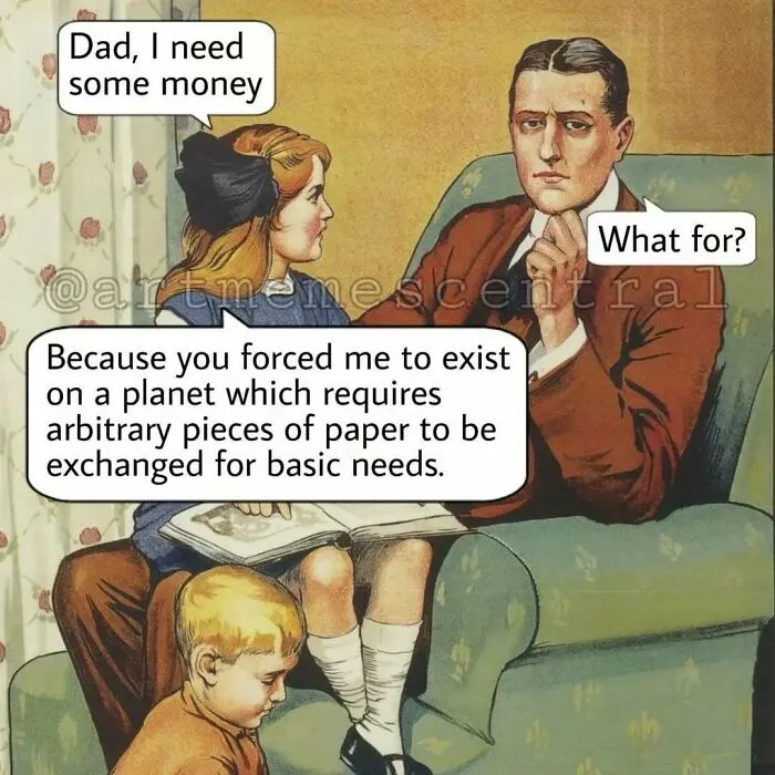 Child asking father for money in a classical art style meme about absurdity of currency for classical art lovers.