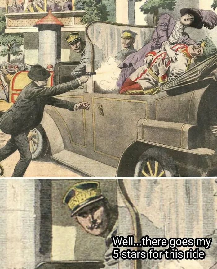 Classic art meme showing a vintage car shooting with a humorous caption for classical art lovers.