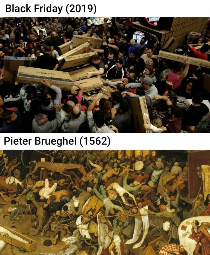Crowded Black Friday shoppers grabbing TVs contrasted with Pieter Brueghel's chaotic classical art scene, perfect for classical art lovers.