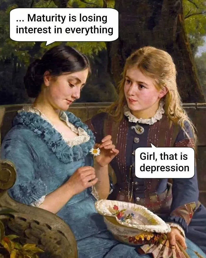 Two women in classical art style with speech bubbles sharing a silly meme about maturity and depression for classical art lovers.