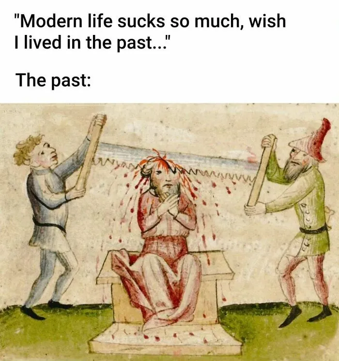 Medieval art meme showing two men sawing off a man’s head with a large saw, humorously highlighting classical art lovers.