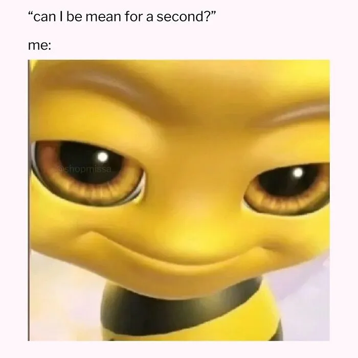 Close-up of a mischievous animated bee face used in a completely random but hilarious meme to brighten your day.
