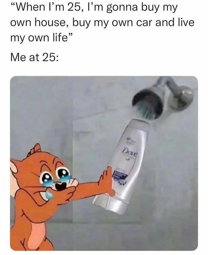 Meme of crying cartoon character hugging a shampoo bottle in shower, one of the hilarious memes to brighten your day.