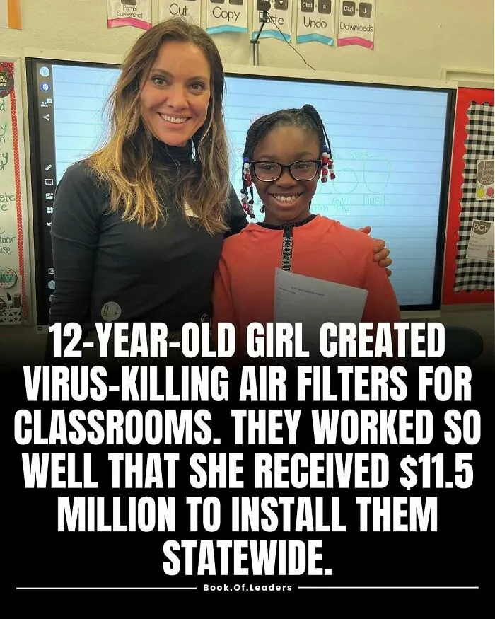 Teacher and student smiling in classroom celebrating a 12-year-old's viral air filter invention success story.