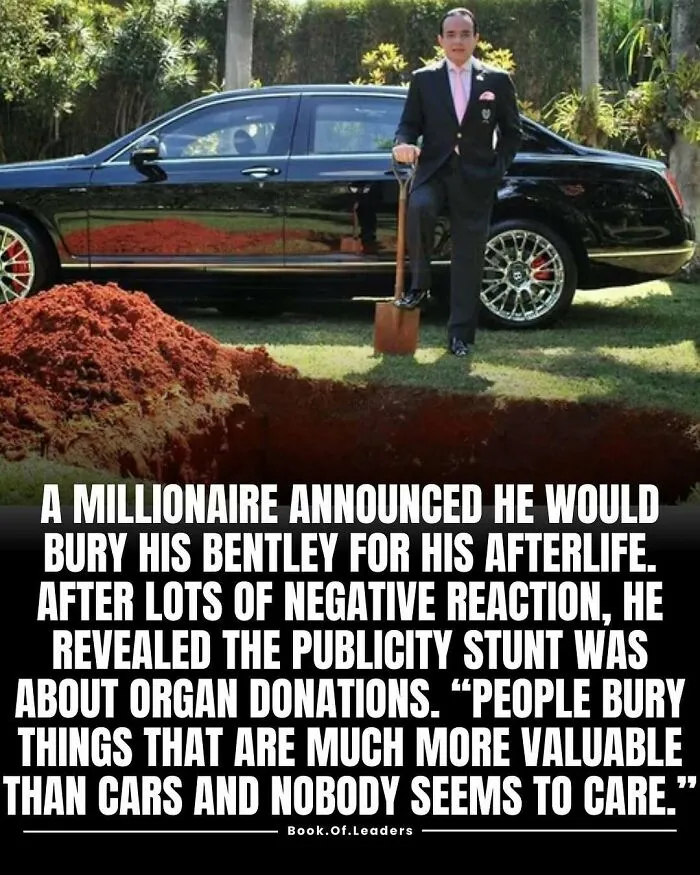 Millionaire stands by Bentley with shovel in grass, illustrating surprising stories and facts about organ donations.