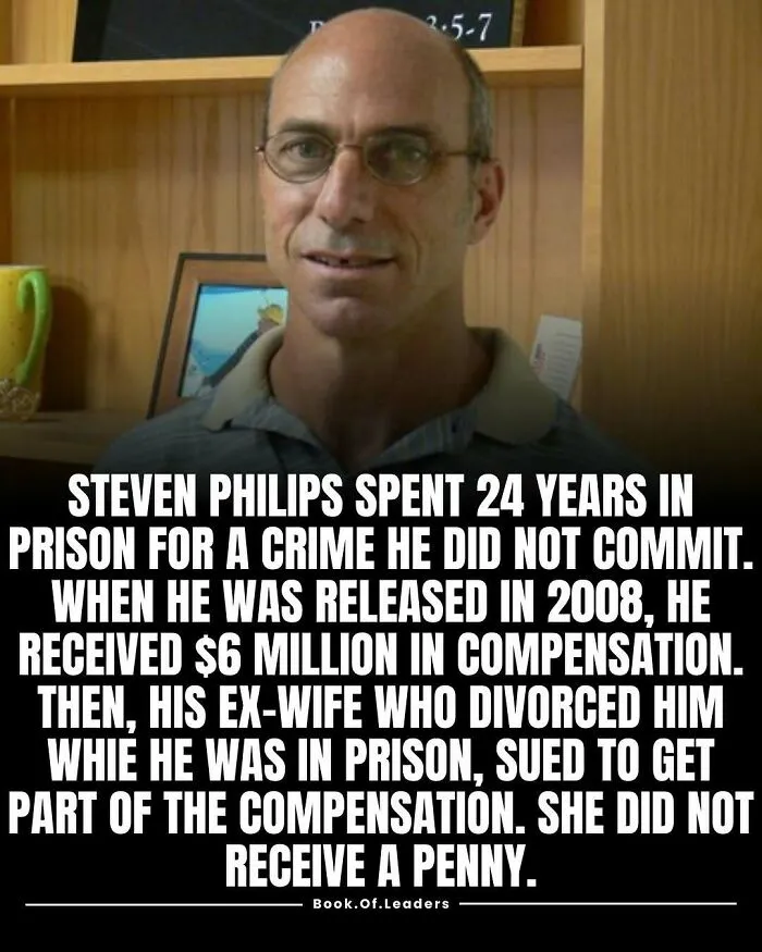 Man with glasses in front of a wooden shelf with a story about wrongful prison and compensation facts.