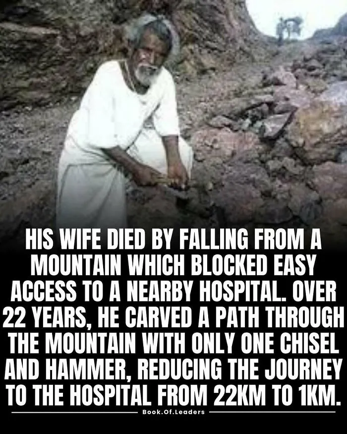 Elderly man carving a mountain path with a chisel and hammer, showcasing perseverance in inspiring facts.
