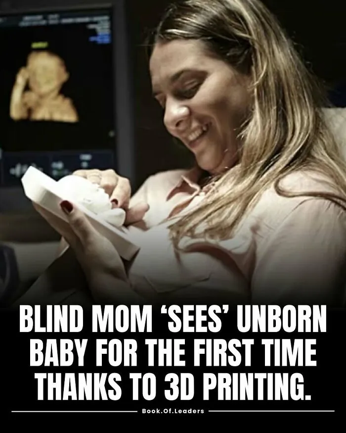 Blind woman feeling 3D printed model of unborn baby, showing inspiring stories and facts that teach something new.