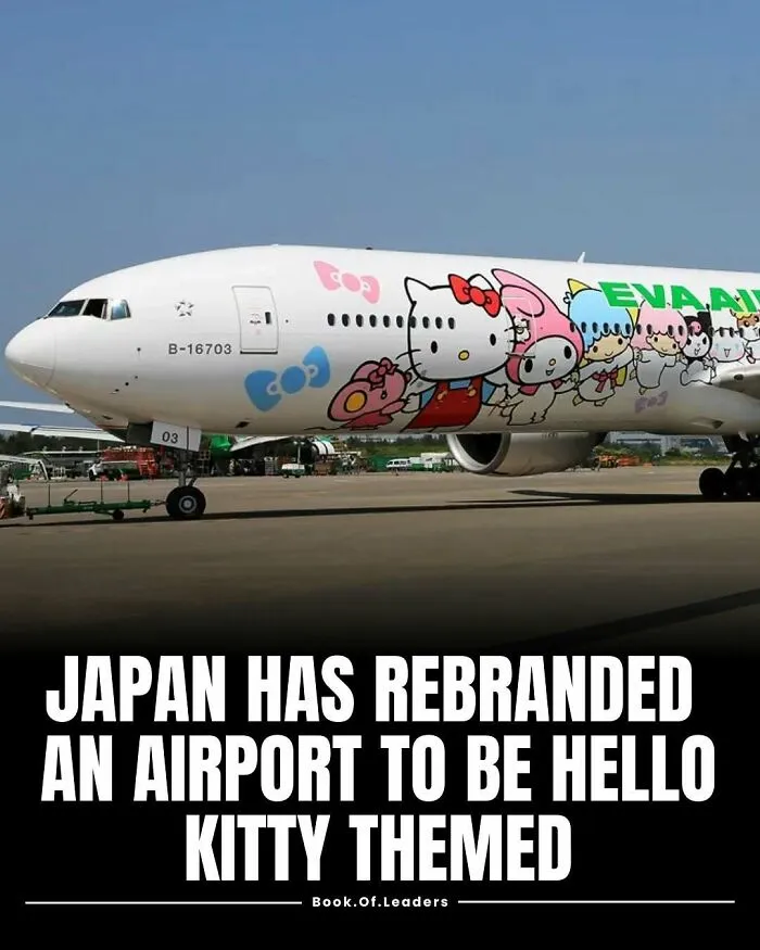 Hello Kitty themed airplane featuring characters on the side, illustrating fun stories and facts you might not know.