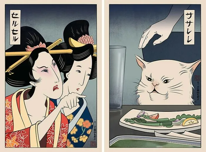 "Woman Yelling At Cat" In Ukiyo-E Style