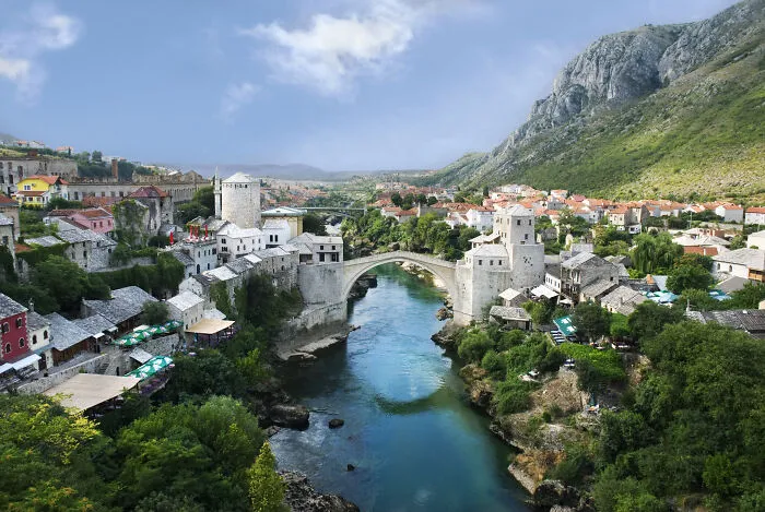 Old Bridge Area Of The Old City Of Mostar, Bosnia And Herzegovina