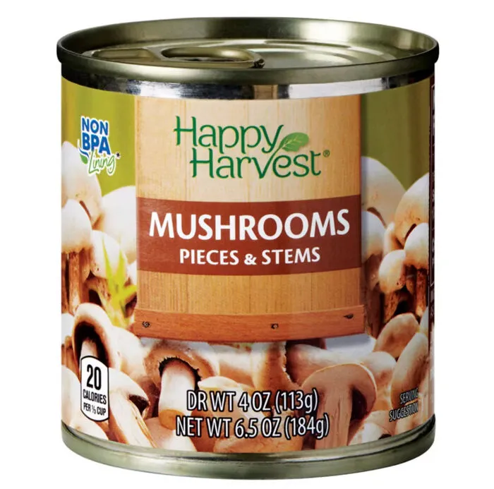 Can of Happy Harvest canned mushrooms pieces and stems, a common restaurant food ingredient in dishes.