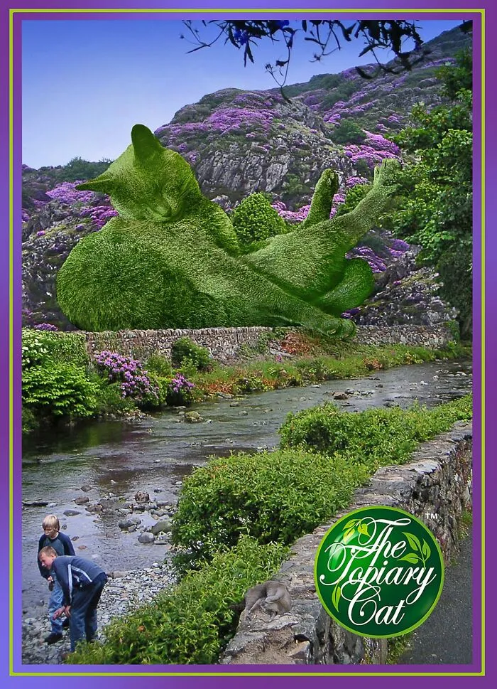 Green cat shaped as a bush topiary edited into a natural landscape, blending art and nature in a creative scene.