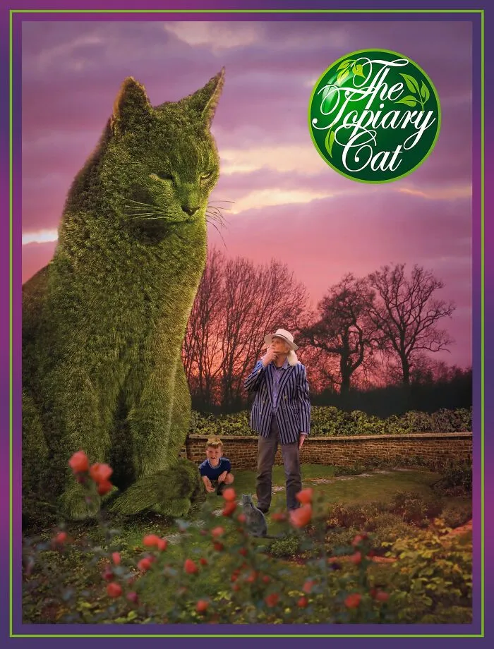 Giant cat shaped like a bush next to two people in a garden at sunset, showcasing cool and interesting cat edits.