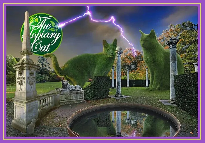 Green cat shaped like a bush in an artistic garden edit with lightning and classical ruins, showcasing cool and interesting cat edits.