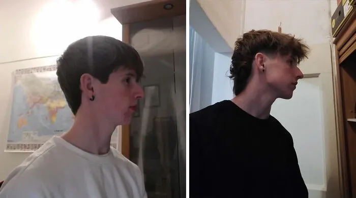 Side-by-side photos of a guy showing a gorgeous hair transformation with different hair length and style.