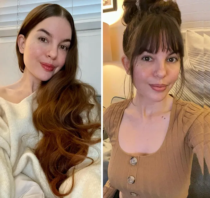 Before and after gorgeous hair transformations featuring long wavy hair and an updo with bangs on a woman indoors.