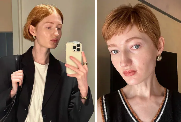 Side-by-side photos of a person showing a gorgeous hair transformation with a stylish short haircut and red hair color.