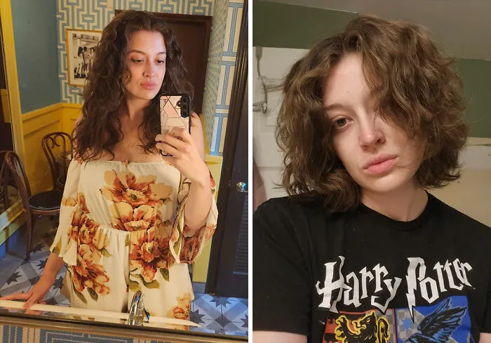 Side-by-side photos of two women showcasing gorgeous hair transformations with different curly hairstyles indoors.