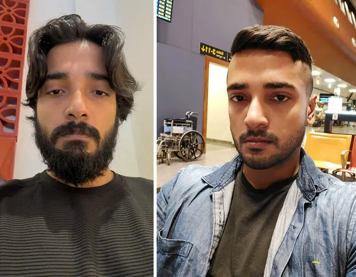 Two men showing hair transformations with long and styled short hair in indoor settings, highlighting gorgeous hair transformations.