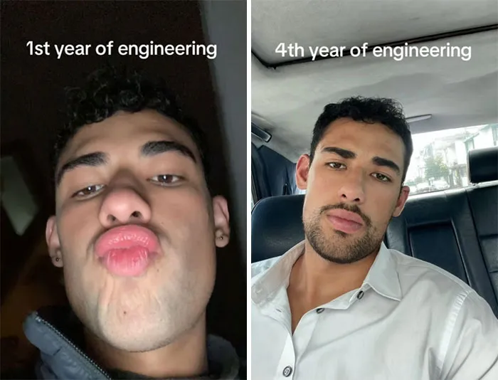 Side-by-side images of an engineering student in 1st year and 4th year showing the real struggle of engineering students.