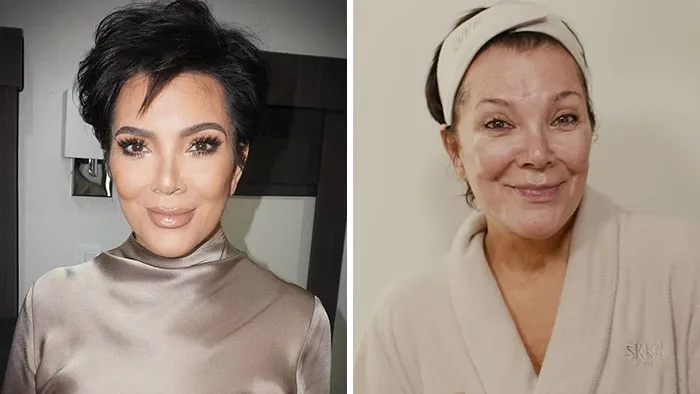 Left photo shows a celebrity with makeup, right photo shows the same makeup-less celebrity behind the scenes.