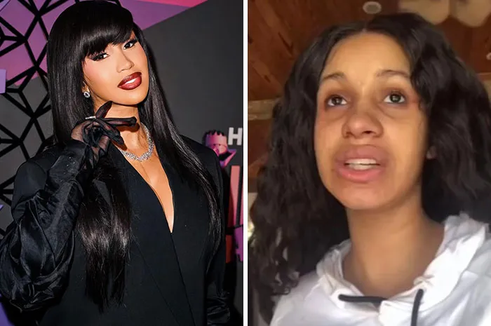 Side-by-side images of a makeup-less celebrity showing natural skin behind the scenes with and without makeup.