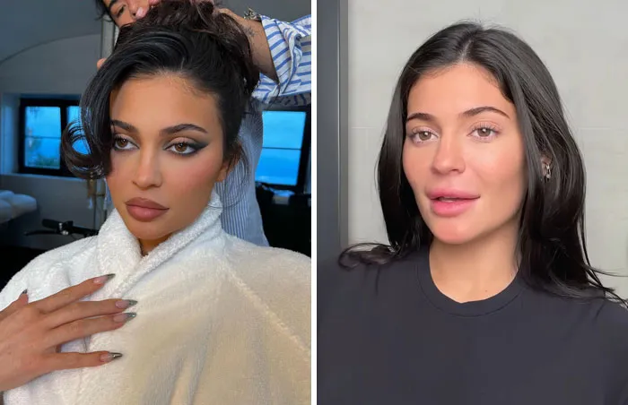 Side-by-side images of a celebrity with full makeup and makeup-less, showing natural looks behind the scenes.