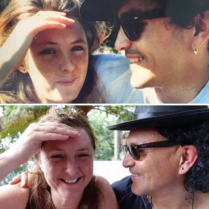 Couple smiling and sharing a moment together in two photos showing how time changed people but not their love.