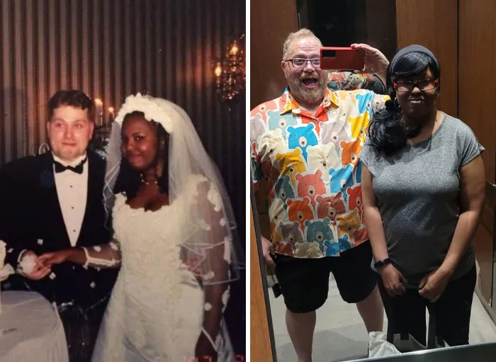 Couple showing how time changed people but not their love for each other in wedding and recent photos side by side.