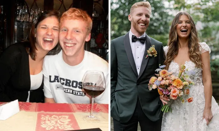 Young couple smiling in casual setting and years later dressed as bride and groom, showing time changed people but not love.