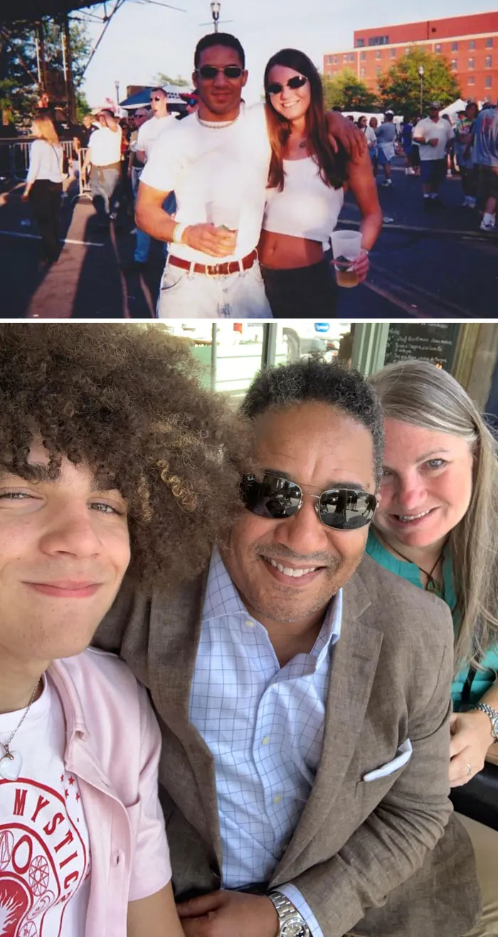 Two photos show how time changed people but not their love for each other, featuring smiling couples and family.
