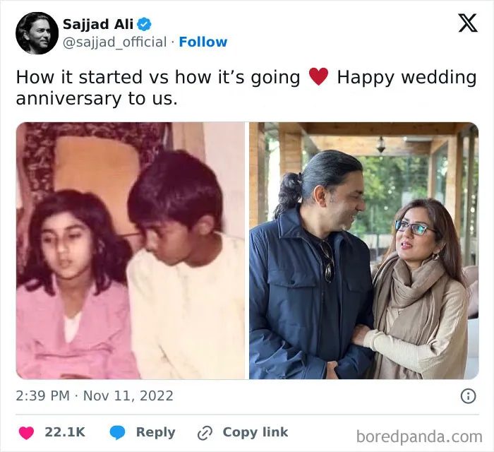 Couple showing how time changed people but not their love for each other in two side-by-side photos years apart.