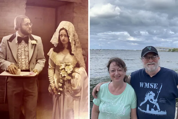 Side-by-side photos showing how time changed people but not their love for each other with a vintage wedding and present-day portrait.