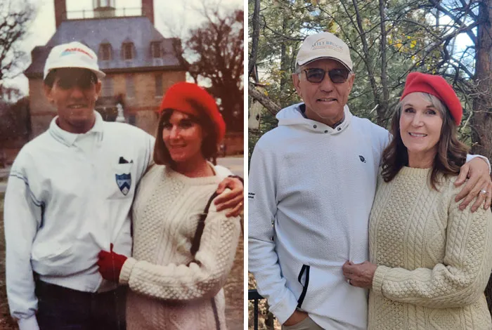 Side-by-side photos of a couple showing how time changed people but not their love for each other outdoors